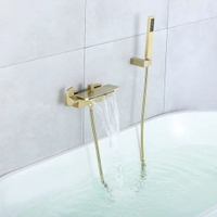 浴缸龍頭 浴缸水龍頭 純銅金色浴缸龍頭冷熱水簡易掛牆式混水閥明裝淋浴花灑瀑布水龍頭