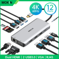 MOKiN USB C HUB USB 3.0 Docking Station RJ45 Gigabit Ethernet USB Type-C to Dual HDMI VGA For Macbook Air Pro iPad Pro SD Reader