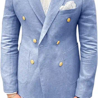 Men's Blazer Double Breasted Linen Jacket Suit Custom made Slim Fit Wedding Prom Blazer for Men