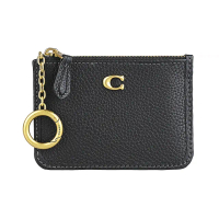 【COACH】COACH仿古金屬LOGO牛皮拉鍊卡夾包(迷你/黑/附鑰匙圈)