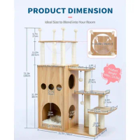 Modern cat tree, wooden cat tower for indoor large feline animals, heavy-duty grab pole, 51 "super high cat apartment