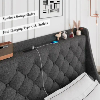 King Size Bed Frame with 4 Storage Drawers, Upholstered Headboard Charging Socket, Solid Wooden Slats, King Bed Frames
