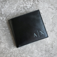 美國百分百【全新真品】Armani Exchange 皮夾 logo AX 男用短夾 零錢包 證件卡夾 黑色 AB07
