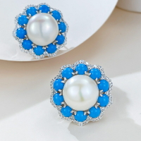 珍珠耳環925純銀耳針-藍松石12mm花形鑲鑽女飾品74gh16【獨家進口】【米蘭精品】