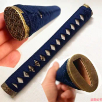 26CM Japanese Tsuka Handle Real Stingray Skin Carved Copper Brass Fuchi Kashira Menuki Silk Blue Ito For Sword Samurai Katana