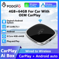 Podofo Android 13 Wireless Carplay Ai Box Wireless Android Auto 4GB+64GB Bluetooth5.0 Multimedia For Car With OEM CarPlay
