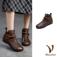 【Vecchio】真皮短靴 低跟短靴/全真皮頭層牛皮縷空沖孔復古低跟短靴 涼靴(棕)
