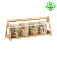 1Set 4pcs Stoples Kaca Tempat Kue Cemilan Tutup +Rak Kayu Ukuran 550ml (Best Quality)