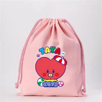 Kawaii Bt21 Cartoon Print Portable Drawstring Bag Cute Tata Rj Koya Cosmetics Mobile Phone Headphone