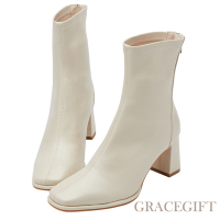 【Grace Gift】都會時尚後拉鍊中高跟襪靴 米白