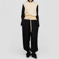 Women's pants 2024 Summer New Korean Style Contrast Color Splicing bundle foot pants High waisted floor mop pants silk trousers