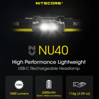 NITECORE NU40 1000 LMs Light Weight and High Capacity Built In 2600mah Rechargeable Battery Headlamp Gear Outdoor Camping Search