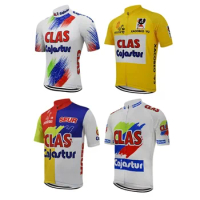 Cajastur Retro Cycling Jersey Short Sleeve Team Cycling Tops Full Zipper Mtb Ropa Ciclismo Bike Wear Clothing