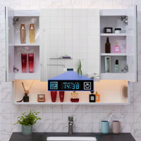 White intelligent mirror cabinet, stainless steel bathroom storage mirror box, hand washing bathroom wall mounted defogging sepa
