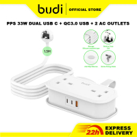 Budi 33W PPS Fast Charging Extension Plug with QC3.0 USB & USB-C & 2 Sockets Fast Charger