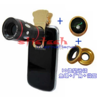by dhl or ems 50pcs 4 in 1 Universal Fish Eye Wide Angle Macro Lenses 10X Telescope Clip lens For iPhone5 5S 6 Plus Samsung