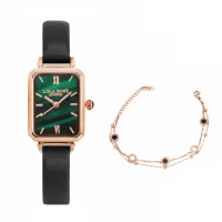 【LOLA ROSE】玫瑰金 祖母綠面 皮革錶帶 方形手錶 女錶 手鍊套組 母親節(LR2136)