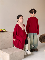 男女童裝韓版純色休閒紅色 針織年服 上衣 兄妹裝SM013