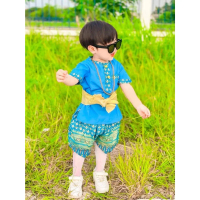 Thai Traditional Outfit for Boys, Gold Buttons, Cotton Fabric, Thai Silk with Gold Print. # N