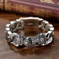 Luxury S925 Leopard Braided Double Leopard Head Bangle Men's Vintage Handmade Silver Bangle Holiday Gift Wholesale