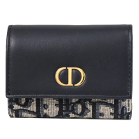 【Dior 迪奧】30 Montaigne Veronia 品牌LOGO緹花拼接簡易小短夾(深藍)