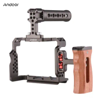Andoer Aluminum Alloy Camera Cage Kit with Video Rig Top Handle Wooden Grip Replacement for Sony A7R III/ A7 II/ A7III