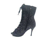 Women Latin Dance Boots 9cm Ballroom Salsa Dance Shoes Latin Salsa Dance Shoes Black Club Party Ballroom Dance Shoes Booties