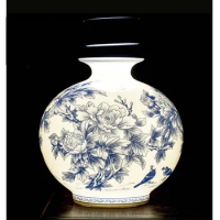 Jingdezhen Ceramic New Chinese Peony Flower Vase Blue And White Porcelain Ornaments Lliving Room Fine Bone China Vase Decoration