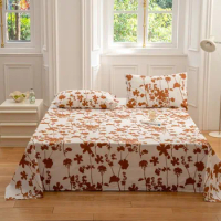 3Pcs Green Brown Leaves printed Flat Bed sheet 2Pillow Shams,100%Cotton Soft fabric