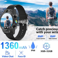 8MP Dual Camera 4G LTE Smart Watch 1.69'' 3GB+32GB 1360mAh Face Unlock GPS WIFI IP68 50m Waterproof call bluetooth smart watch