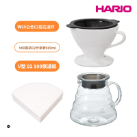 【HARIO】W60磁石濾杯 豪華組(濾杯 [PDC-02-W]+V60雲朵60咖啡02玻璃分享壺-透明600ml [XGS-INT-02TB]+matrix V型濾紙白色02 (100入) 陶瓷濾杯