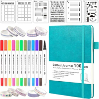 Bullet Dotted Journal Kit-Dual Tip Brush Markers, Washi Tape, and Stencils for Women, Men, and Teen, Green