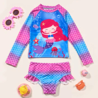 Toddler Girls Rashguard Two Pieces Swimsuit Set Kids Cartoon Long Sleeve Bathing Suits Tankini Sets Swimwear for Swimming Child