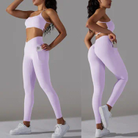 XS-XL 1/2Pcs Nylon Women Pocket Yoga Sets Workout Pant Sport Bra High V Waist Fitness Legging Scrunch Shorts Gym Avtive Suits