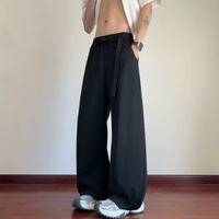 老錢風冰絲褲子男夏季涼感透氣休閒長褲男直筒寬鬆垂感闊腿彎刀褲-黑色 M