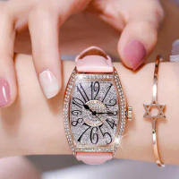 Tonneau Shaped Digital Diamond Dial Watch for Ladies Genuine Leather Strap Waterproof Quartz Wrist Watch for Wife Christmas Gift
