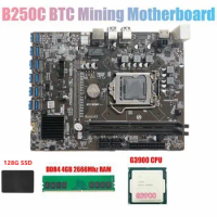 B250C BTC Miner Motherboard+G3900 or G3930 CPU +DDR4 4GB 2666Mhz RAM+128G SSD for BTC Mining