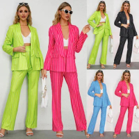 Tesco Casual Chic Women Suit Stripe Pockets Blazer Straight Loose Pants Fashion Sets For Travel Street Wear conjunto femininos