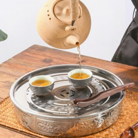 圓形茶盤加厚不銹鋼家用茶臺圓盤便攜式雙層儲水式過濾水盤茶具