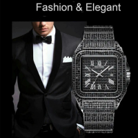 Watch for Men Ice Out Square Watches Luxury Diamonds Quartz Wristwatches Waterproof Black Leisure Business Relogios Masculino