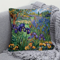 BZ- 2D Flat Print 1pc Monet's Iris Garden 18.0x18.0inch Super Soft Short Plush Pillowcase with Vivid