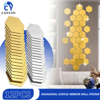 12/24pcs Hexagonal Acrylic Mirror Wall Sticker Mirror Solid Paster Self-adhesive Gold Silver Decals Home Bedroom Art Decoration