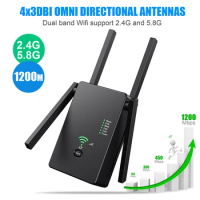 WiFi Signal Amplifier Repeater Dual Band 2.4Ghz/5.8Ghz WiFi Extender Network Router with 4 External Antennas for Home Hotel
