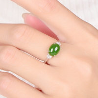 天然和田真玉s925純銀飾戒指女食指開口可調節精致簡約綠寶石指環