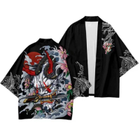 Halloween Japanese Hannya Demon Oni Samurai Noh Kabuki Prajna Devil Cosplay Haori Kimono Cloak Tops Streetwear Shirt 9/10 Pants