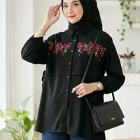 Kiukiu Atasan Bordir Rayon Twill Reguler/Jumbo Premium - Atasan Kemeja Wanita hitam
