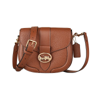 【COACH】COACH GEORGIE SADDLE金色馬車LOGO馬鞍造型荔枝紋牛皮釦式斜背包(紅褐)