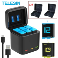 TELESIN Battery For GoPro12 1750 mAh 3 Slots LED Light Charger TF Card Battery Storage Box For GoPro Hero 9 10 11 12 Accessory