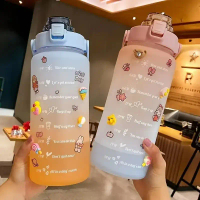 【Got】 2L Colorful Frosted Water Bottle With Straw And Cute Sticker Kawaii Motivational Time Marker S