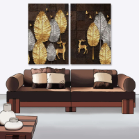 【24mama 掛畫】二聯式 油畫布 植物 動物 灰色 金色 鳥 質感 無框畫-40x60cm(抽象樹與鹿)
